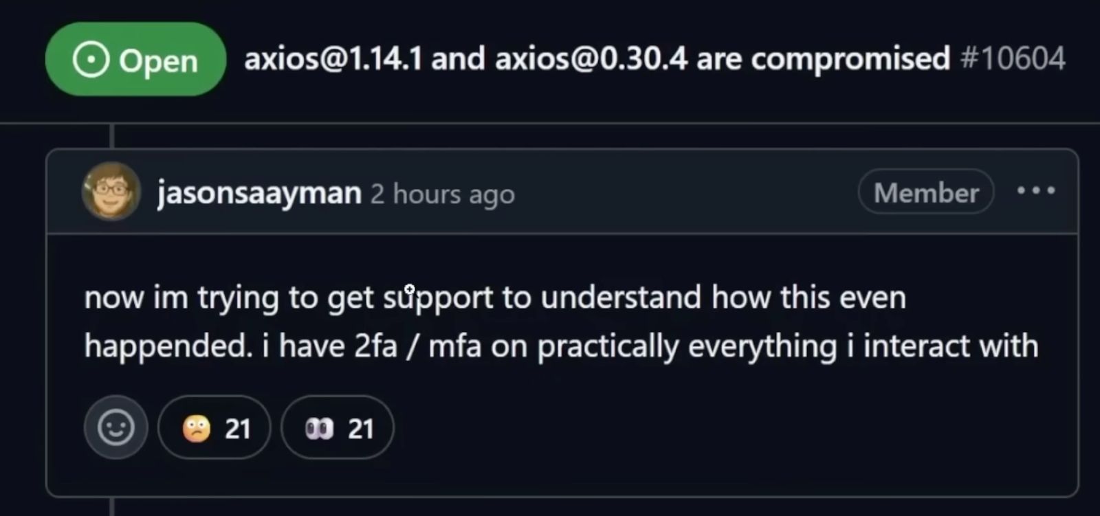 Screenshot aus der Axios-Issue-Diskussion, in dem der Maintainer schreibt, dass 2FA beziehungsweise MFA auf praktisch allem aktiv war