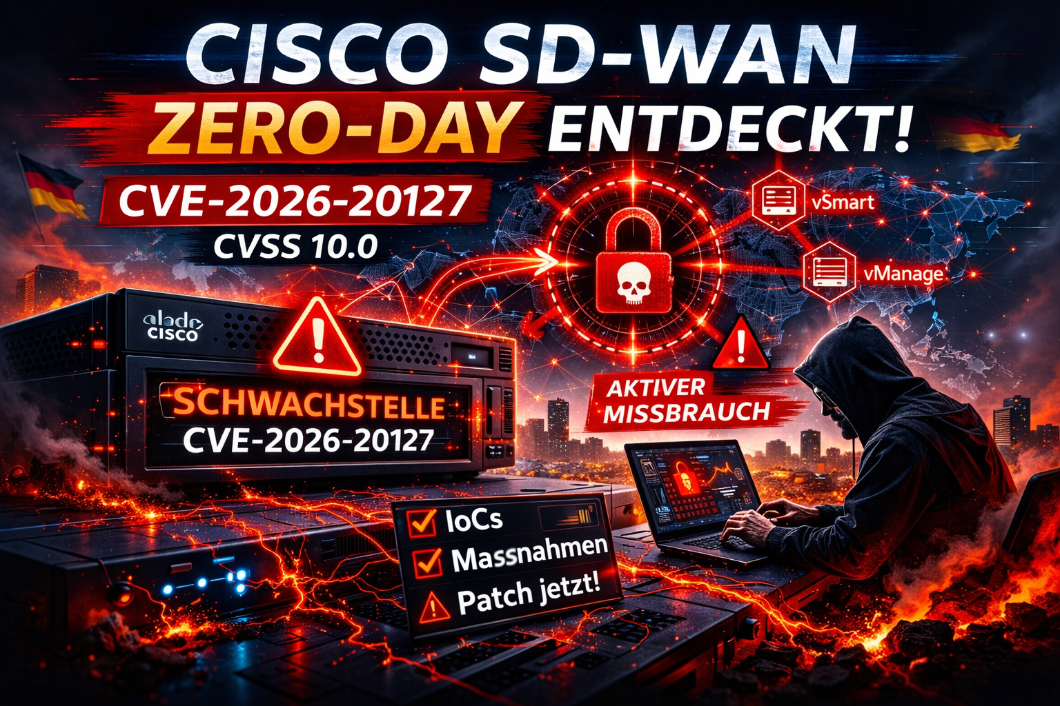 Titelbild: Cisco SD-WAN Zero-Day (CVE-2026-20127): IoCs & Maßnahmen – Artikel von Mika Schmidt
