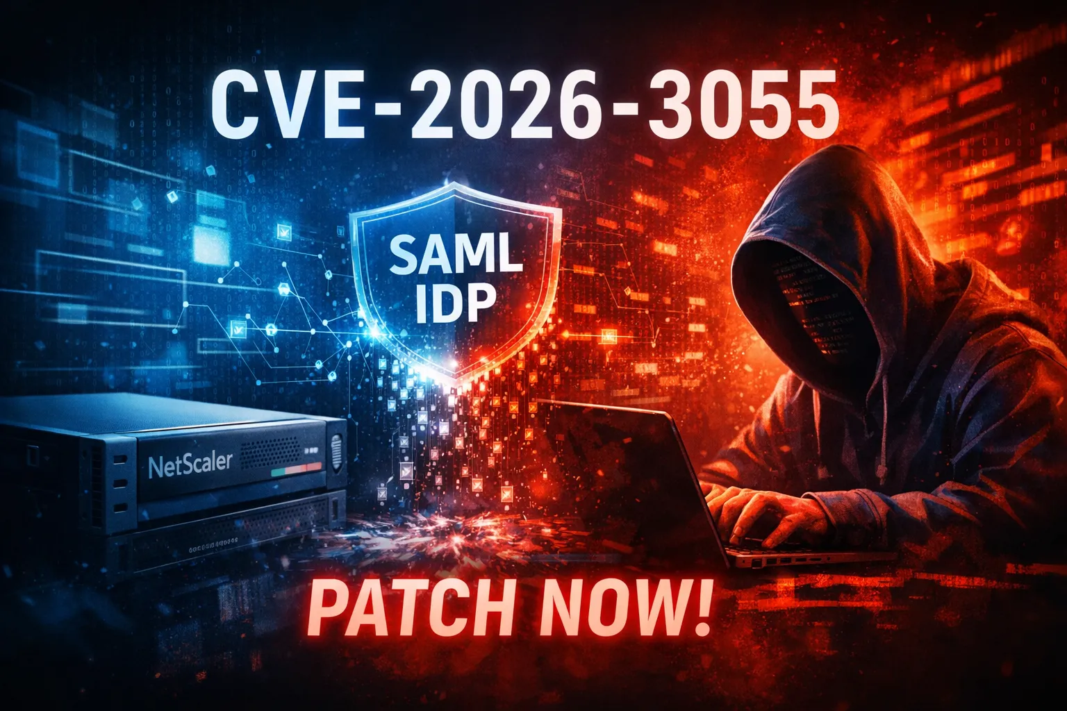 Visualisierung der Citrix-NetScaler-Sicherheitslücke CVE-2026-3055 mit Fokus auf SAML-IDP, Memory Overread und Patch-Builds
