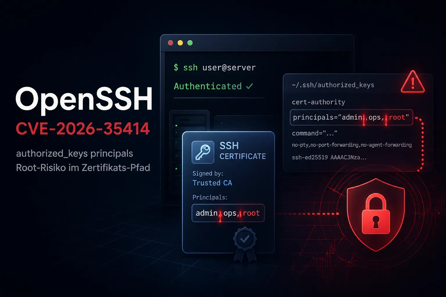 Visualisierung zu OpenSSH CVE-2026-35414 mit SSH-Zertifikat, principals-Liste und hervorgehobenen Kommas