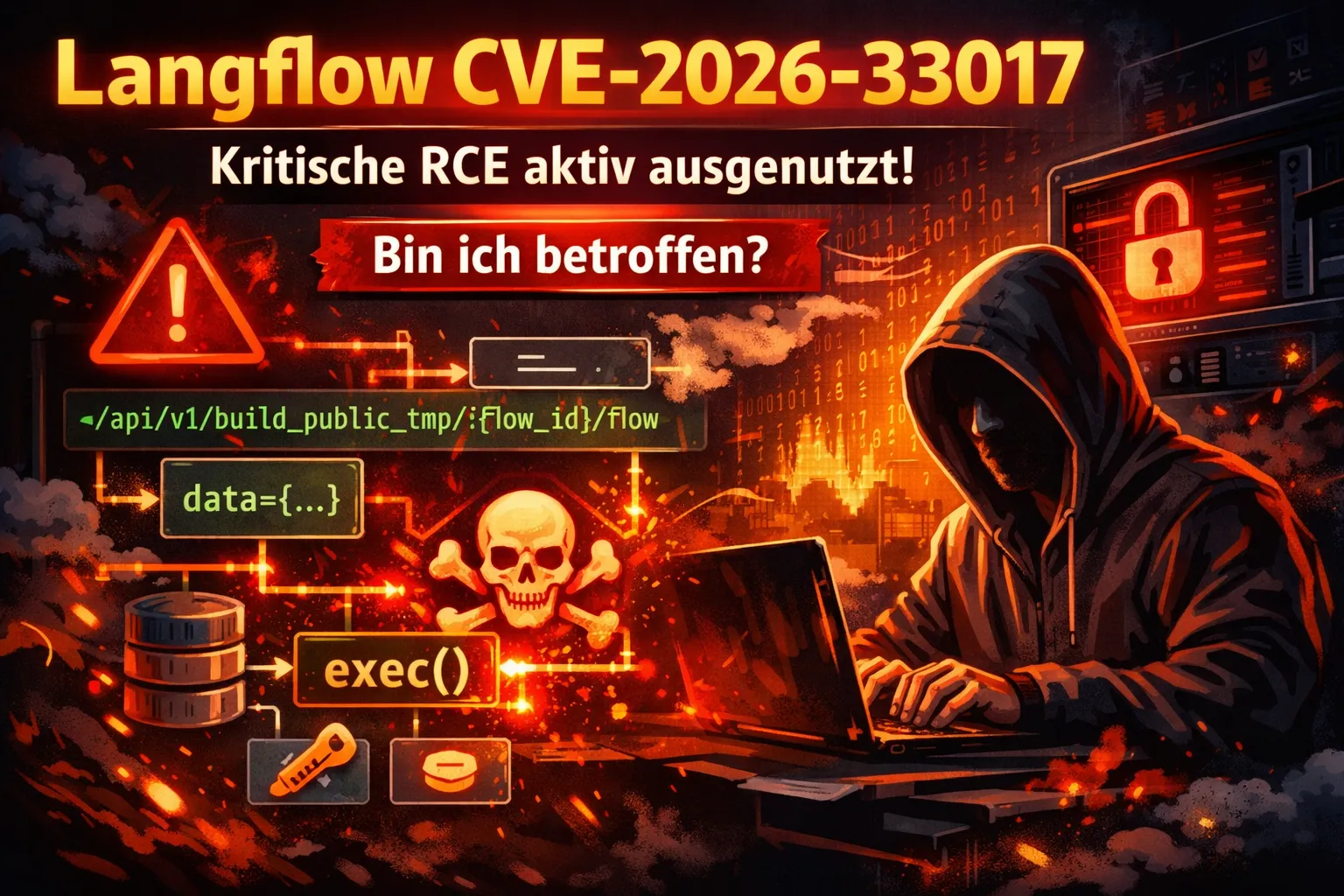 Visualisierung der Langflow-Sicherheitslücke CVE-2026-33017 mit öffentlichen Flows, data-Parameter und exec()-Pfad