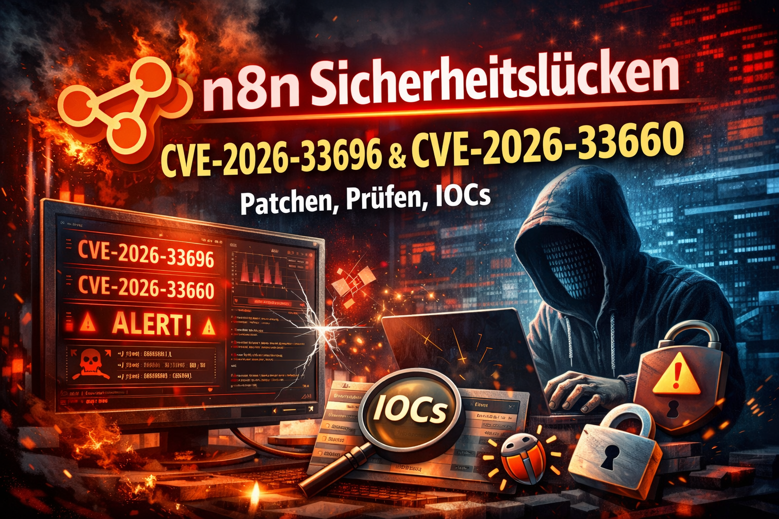 Titelbild: n8n Sicherheitslücken CVE-2026-33696 & CVE-2026-33660: betroffen prüfen, patchen, IOCs – Artikel von Mika Schmidt
